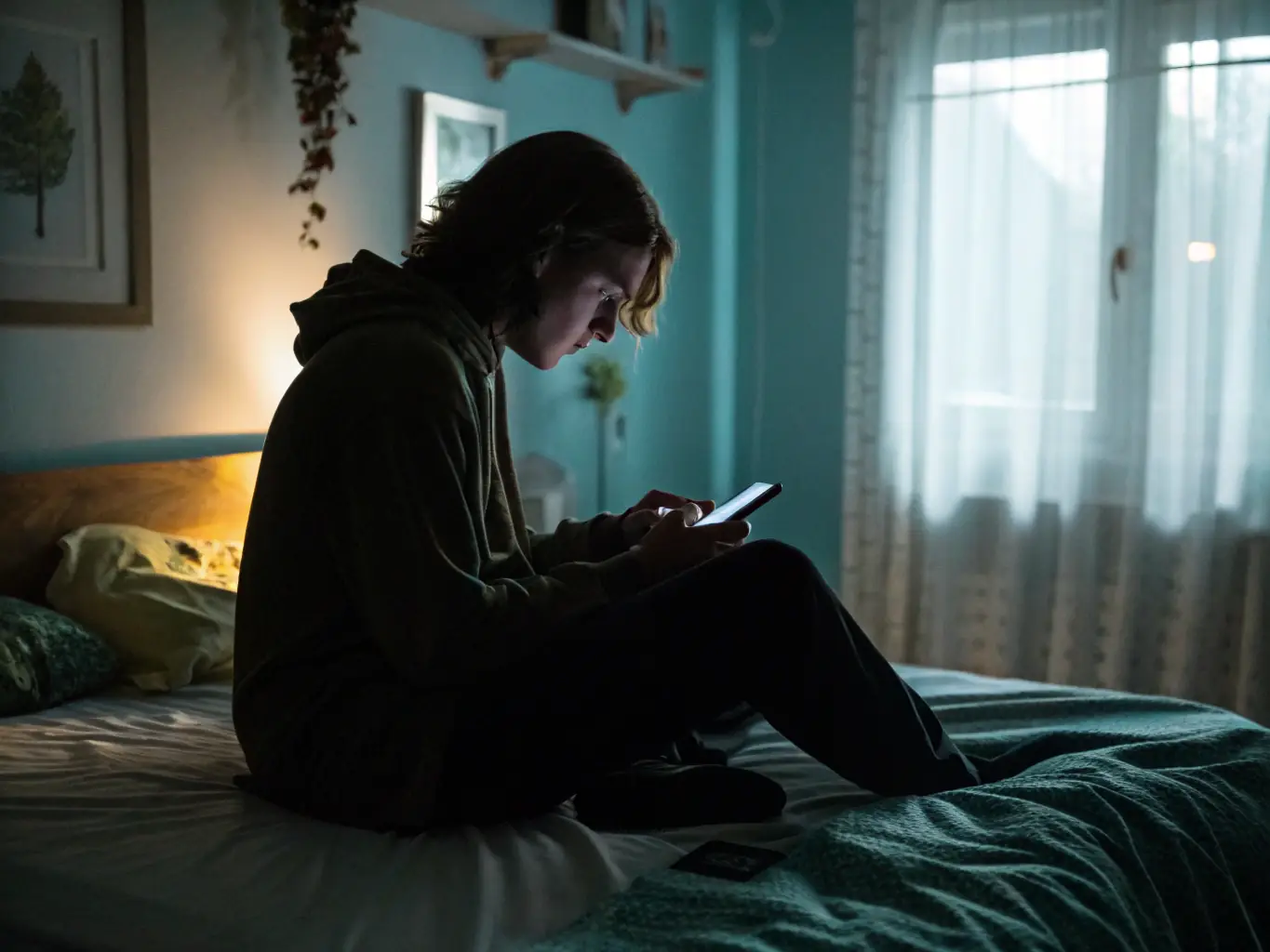 A person using a blue light filter on their phone before bed, highlighting the importance of reducing screen time before sleep.